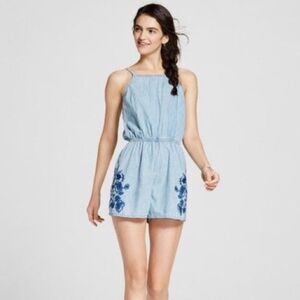 MOSSIMO Denim Floral Embroidered Romper Small